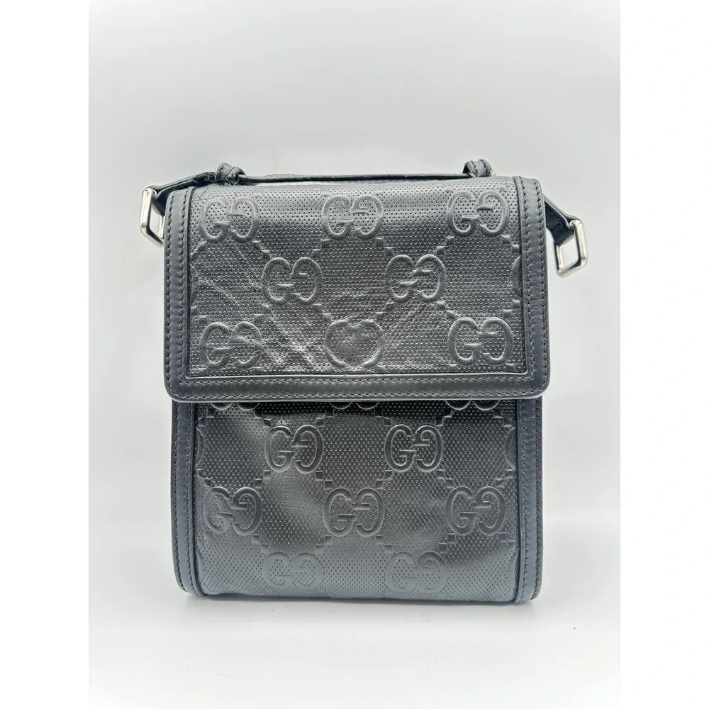 Gucci Guccissima Black Leather Crossbody Shoulder Bag Messenger Unisex Italy